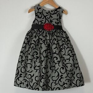 Marmellata Toddler Girls Gingham Velvet Scroll Party Dress Red Rosette Black 2T